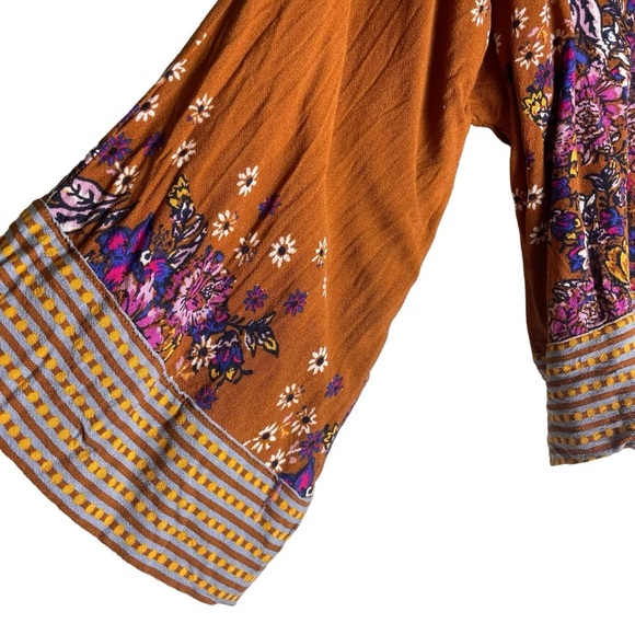 Free People Mix N Match Blouse Bell Sleeve V Neck Rust Orange Combo Floral XS - Picture 3 of 6